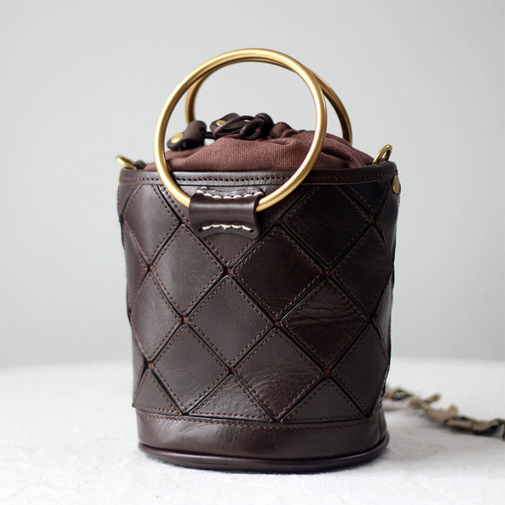Quilted Leather Bucket Bag - Metal Ring Handle Drawstring Crossbody Vintage