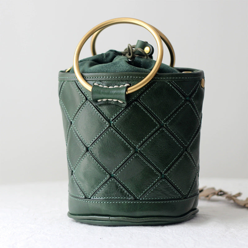 Quilted Leather Bucket Bag - Metal Ring Handle Drawstring Crossbody Vintage