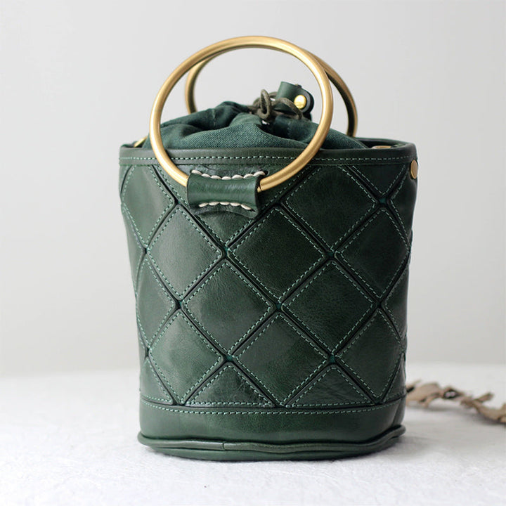 Quilted Leather Bucket Bag - Metal Ring Handle Drawstring Crossbody Vintage