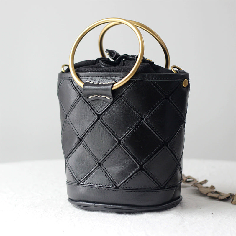 Quilted Leather Bucket Bag - Metal Ring Handle Drawstring Crossbody Vintage