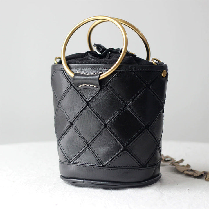 Quilted Leather Bucket Bag - Metal Ring Handle Drawstring Crossbody Vintage