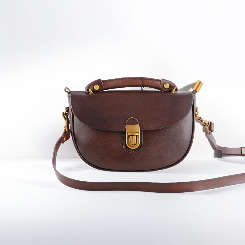 Two-Tone Leather Saddle Bag Vintage Push-Lock Top Handle Crossbody