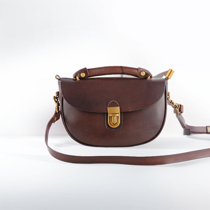 Two-Tone Leather Saddle Bag Vintage Push-Lock Top Handle Crossbody