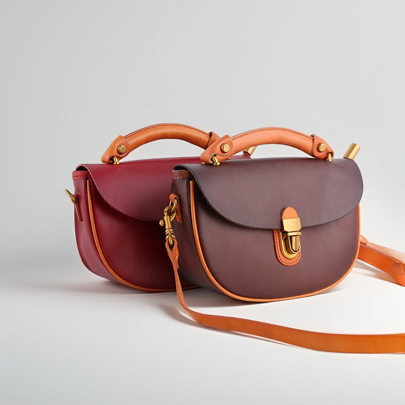 Two-Tone Leather Saddle Bag Vintage Push-Lock Top Handle Crossbody