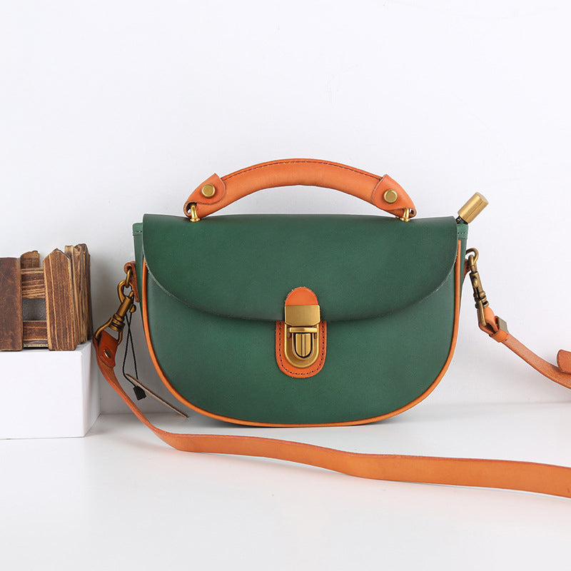 Two-Tone Leather Saddle Bag Vintage Push-Lock Top Handle Crossbody