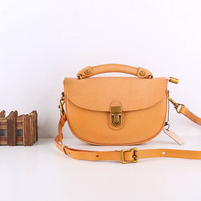 Two-Tone Leather Saddle Bag Vintage Push-Lock Top Handle Crossbody