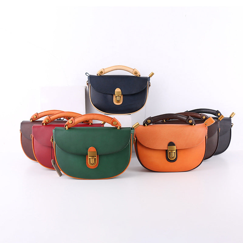 Two-Tone Leather Saddle Bag Vintage Push-Lock Top Handle Crossbody