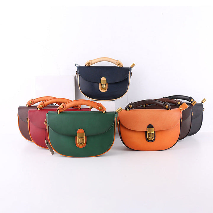 Two-Tone Leather Saddle Bag Vintage Push-Lock Top Handle Crossbody