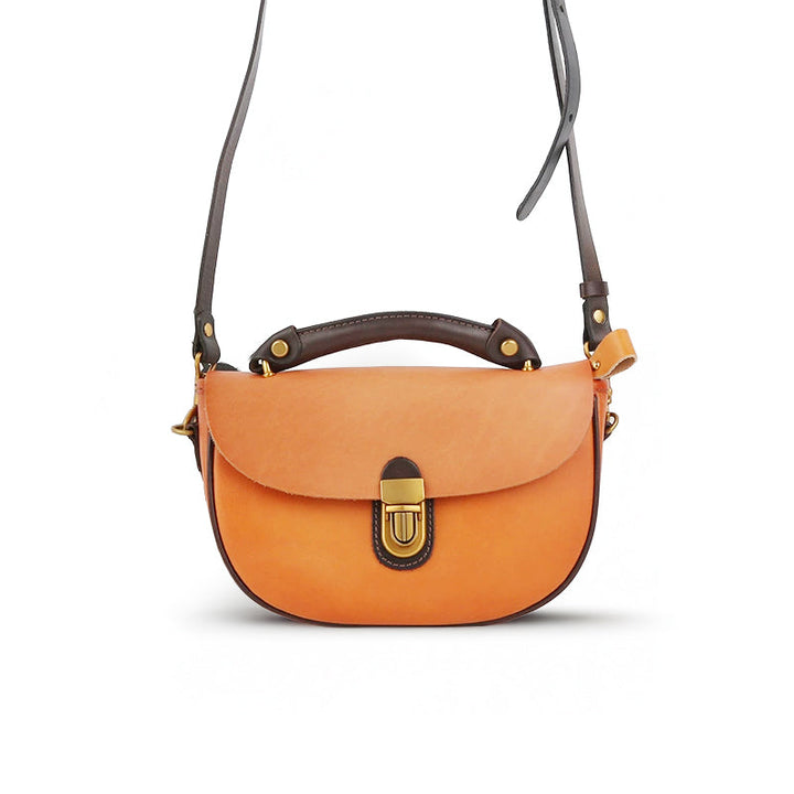 Two-Tone Leather Saddle Bag Vintage Push-Lock Top Handle Crossbody