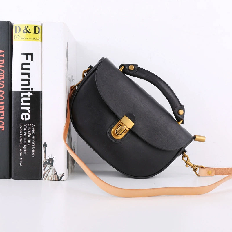Two-Tone Leather Saddle Bag Vintage Push-Lock Top Handle Crossbody