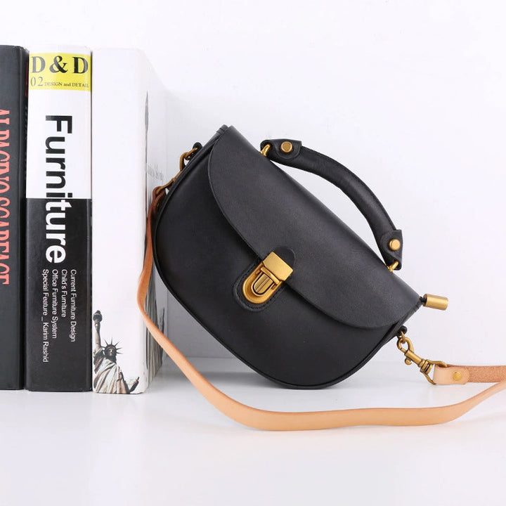 Two-Tone Leather Saddle Bag Vintage Push-Lock Top Handle Crossbody
