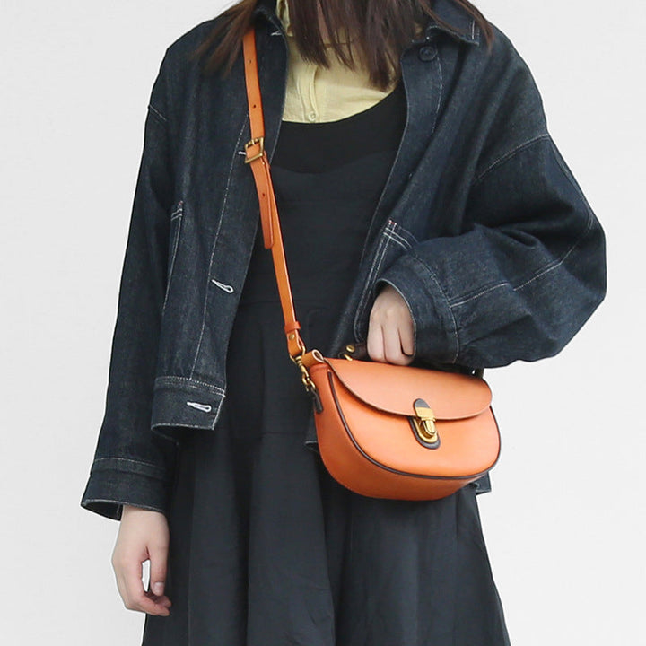 Two-Tone Leather Saddle Bag Vintage Push-Lock Top Handle Crossbody