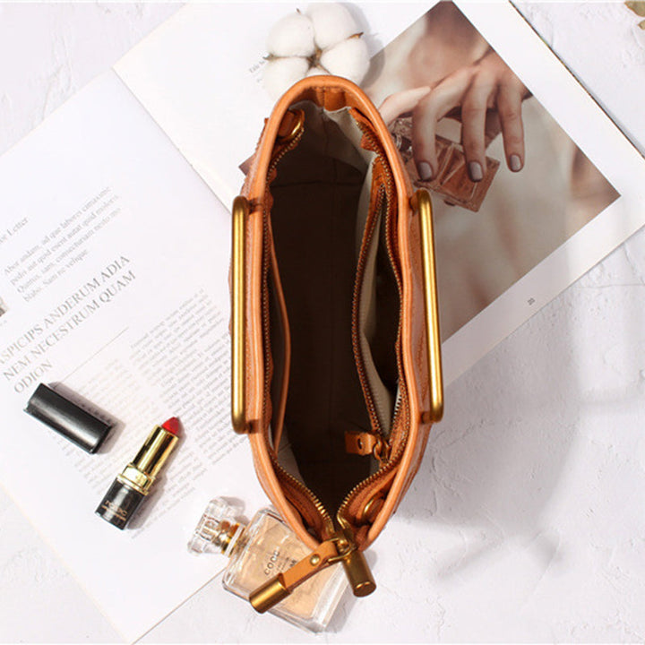 Bucket Bag with Metal Handle &amp; Quilted Pattern Handmade Vegetable-Tanned Leather Crossbody in 4 Colors