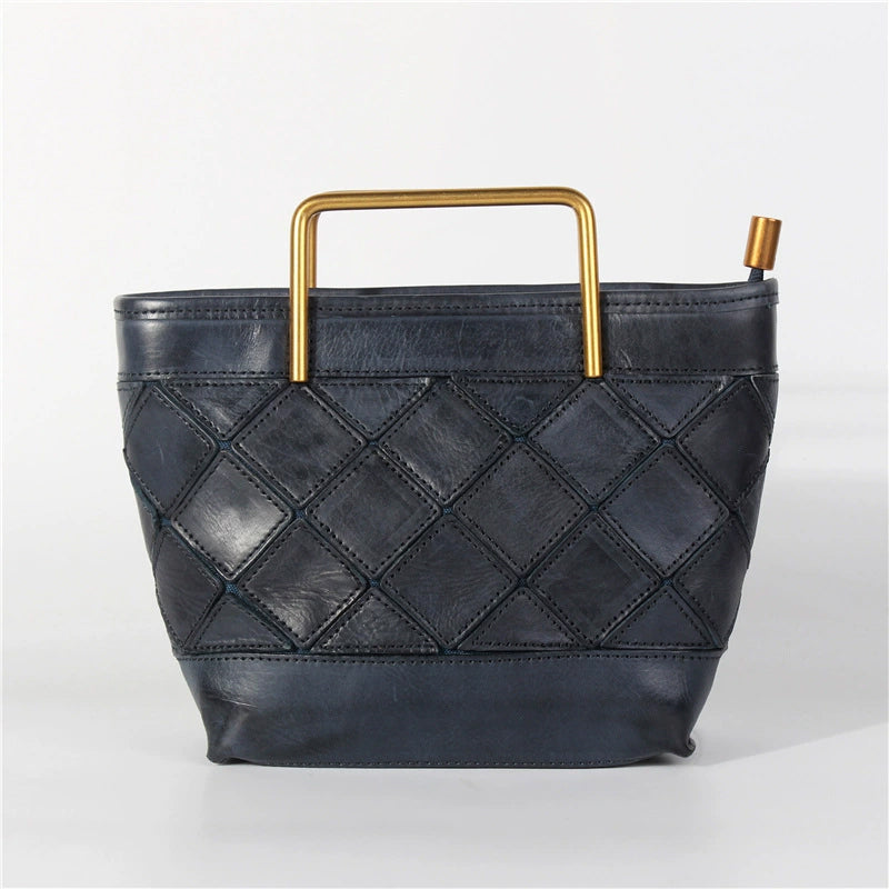 Bucket Bag with Metal Handle &amp; Quilted Pattern Handmade Vegetable-Tanned Leather Crossbody in 4 Colors