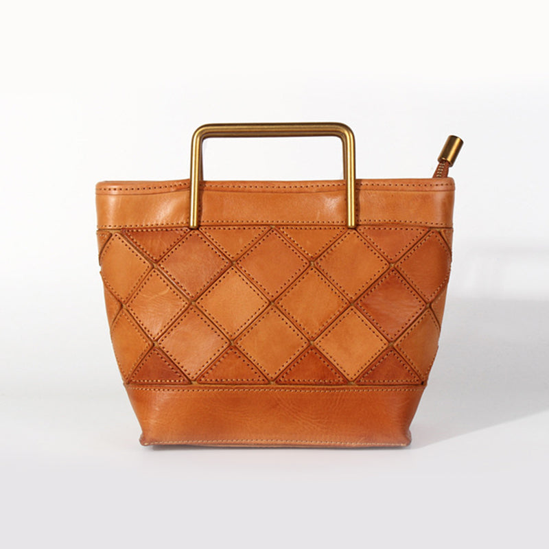 Bucket Bag with Metal Handle &amp; Quilted Pattern Handmade Vegetable-Tanned Leather Crossbody in 4 Colors