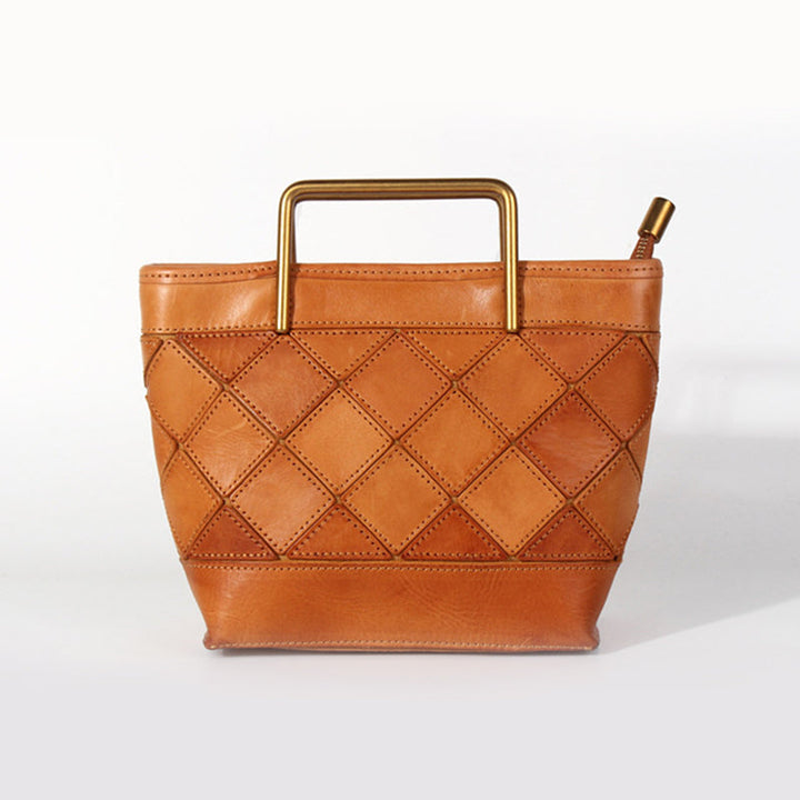 Bucket Bag with Metal Handle &amp; Quilted Pattern Handmade Vegetable-Tanned Leather Crossbody in 4 Colors