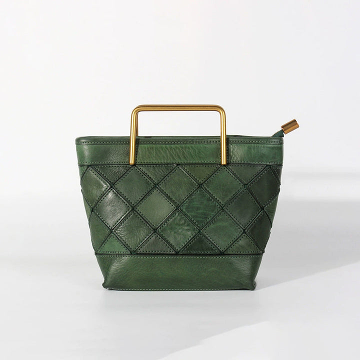 Bucket Bag with Metal Handle &amp; Quilted Pattern Handmade Vegetable-Tanned Leather Crossbody in 4 Colors
