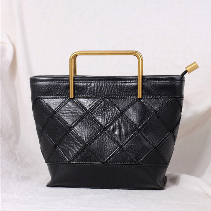 Bucket Bag with Metal Handle &amp; Quilted Pattern Handmade Vegetable-Tanned Leather Crossbody in 4 Colors