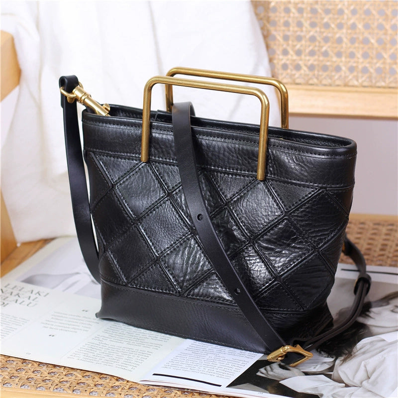 Bucket Bag with Metal Handle &amp; Quilted Pattern Handmade Vegetable-Tanned Leather Crossbody in 4 Colors