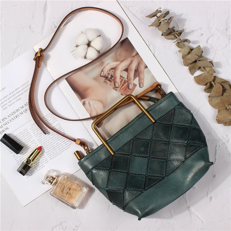 Bucket Bag with Metal Handle &amp; Quilted Pattern Handmade Vegetable-Tanned Leather Crossbody in 4 Colors