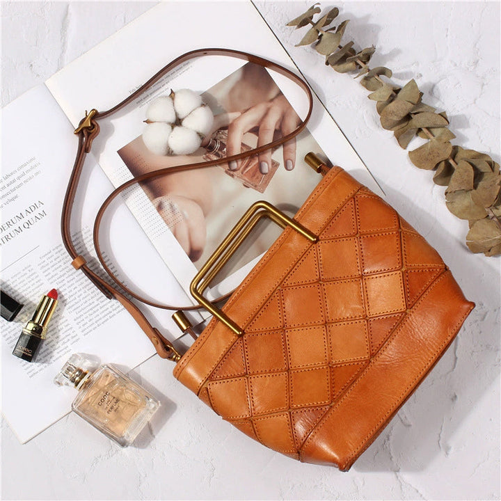 Bucket Bag with Metal Handle &amp; Quilted Pattern Handmade Vegetable-Tanned Leather Crossbody in 4 Colors