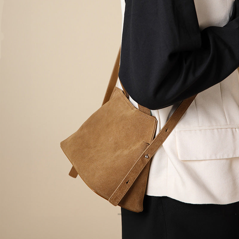 Khaki suede leather slouchy shoulder bag with detachable crossbody strap