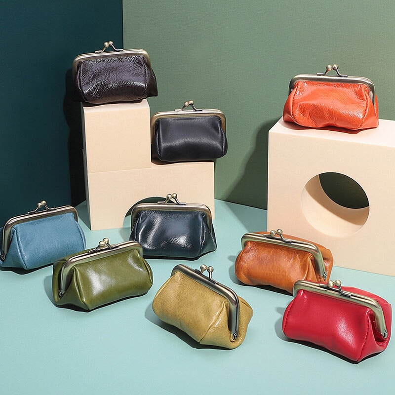 Genuine leather kiss lock coin purse in multiple colors with vintage metal clasp