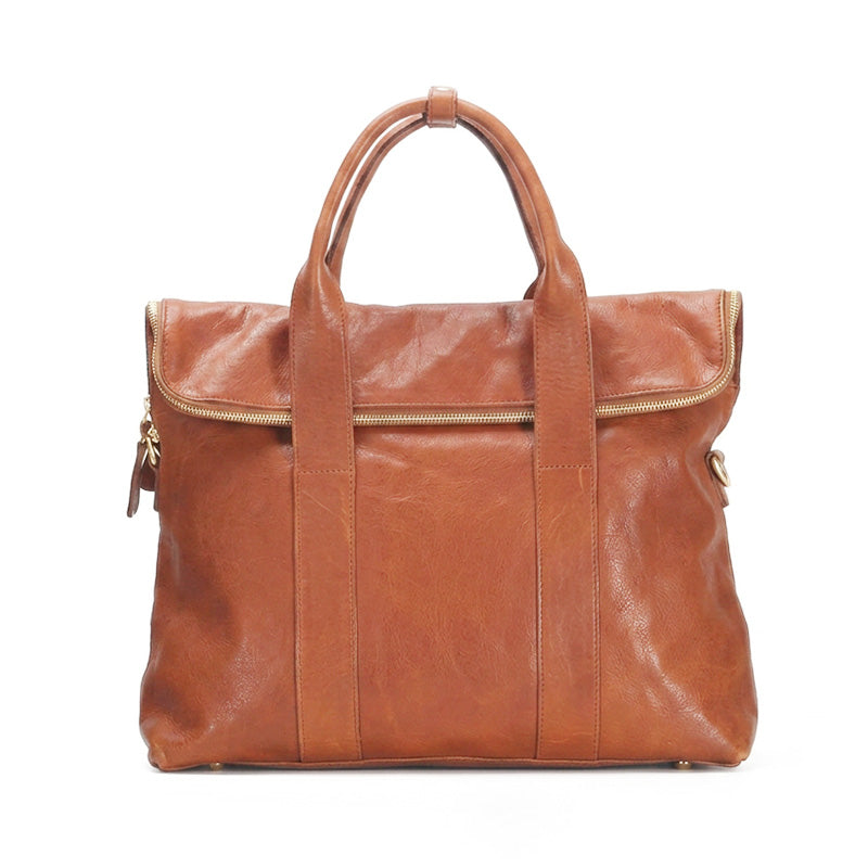 Large honey brown leather tote bag with zip top closure and dual handles, a versatile everyday work bag for women.