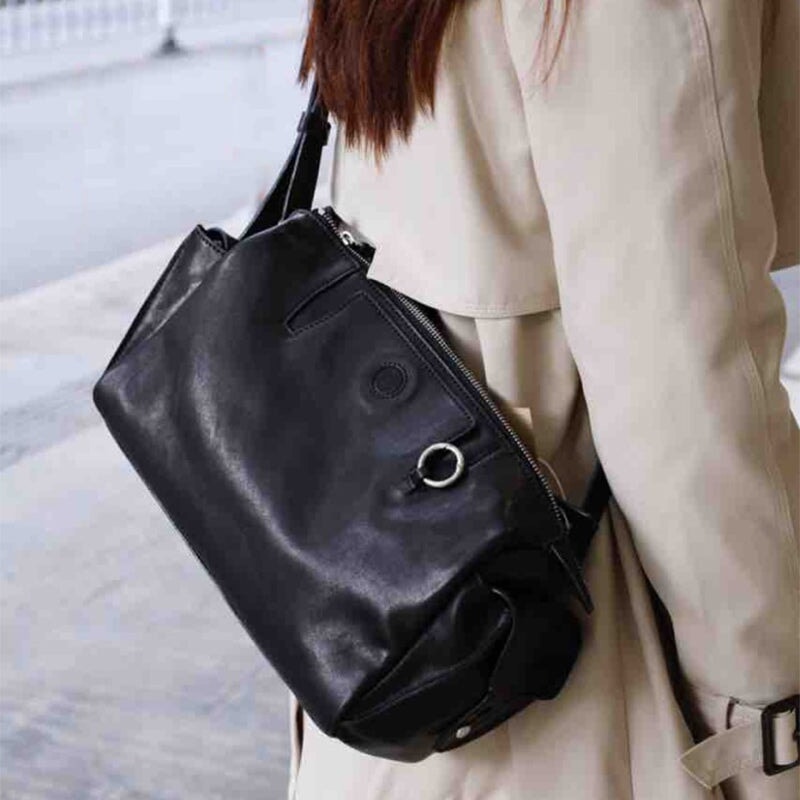 Handcrafted vegetable tanned leather Boston bag in Black — large shoulder handbag for women