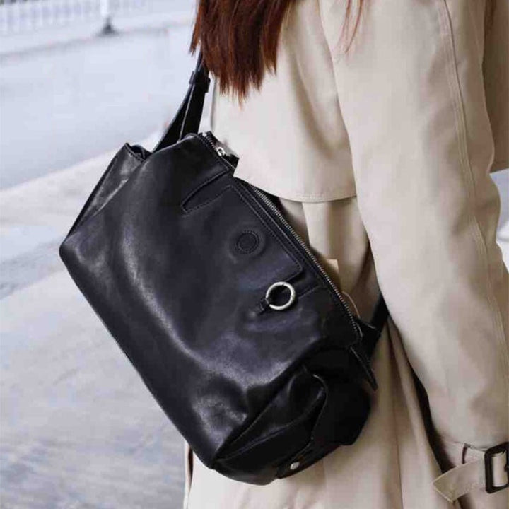 Handcrafted vegetable tanned leather Boston bag in Black — large shoulder handbag for women