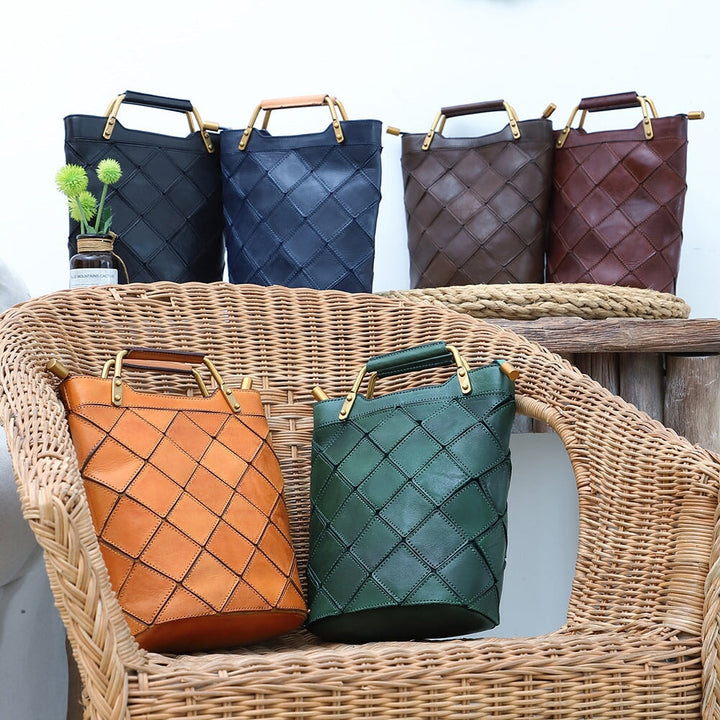 Geometric patchwork leather bucket bags with gold metal handle in six colors