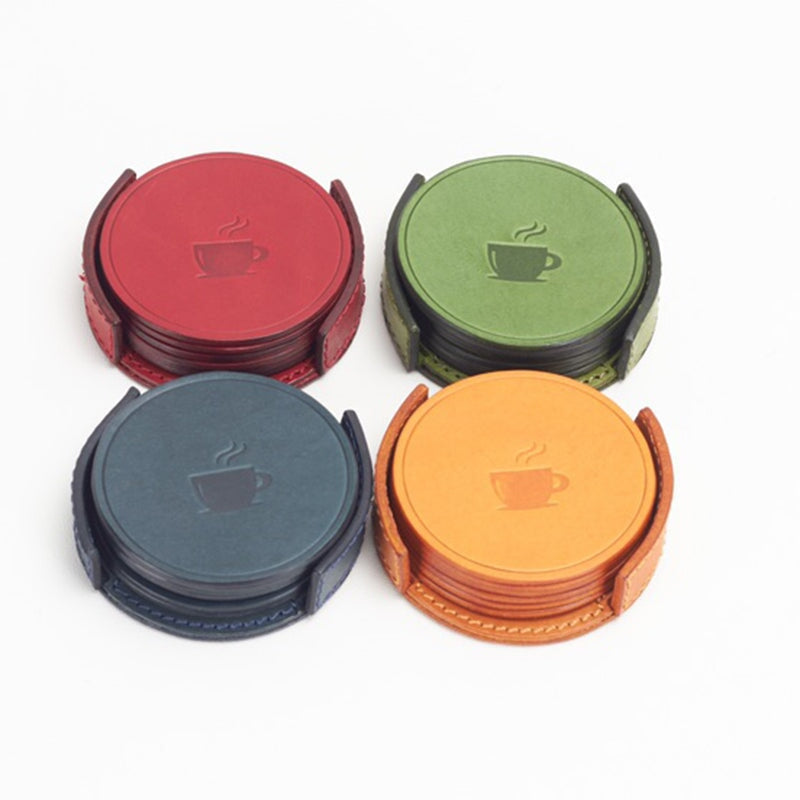 Vegetable tanned leather coaster sets in red, green, blue and orange with holder