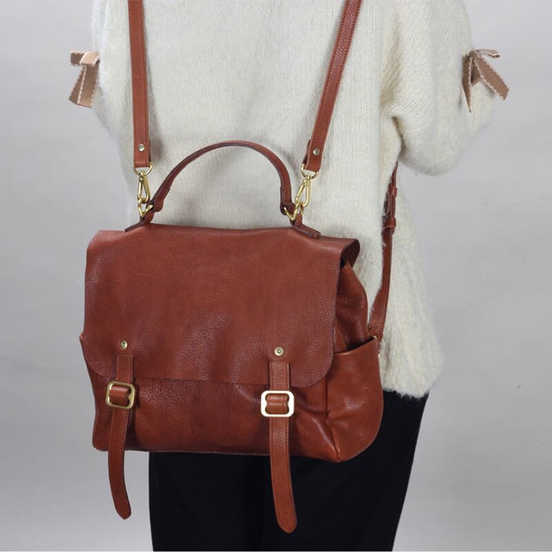 Vegetable tanned leather convertible satchel backpack in honey brown for women
