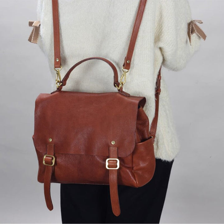 Vegetable tanned leather convertible satchel backpack in honey brown for women