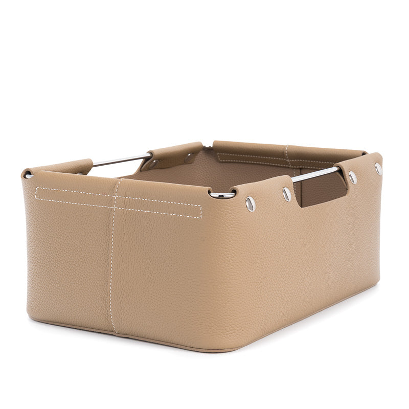 Top grain cowhide leather desk organizer box in camel with silver metal bar handles