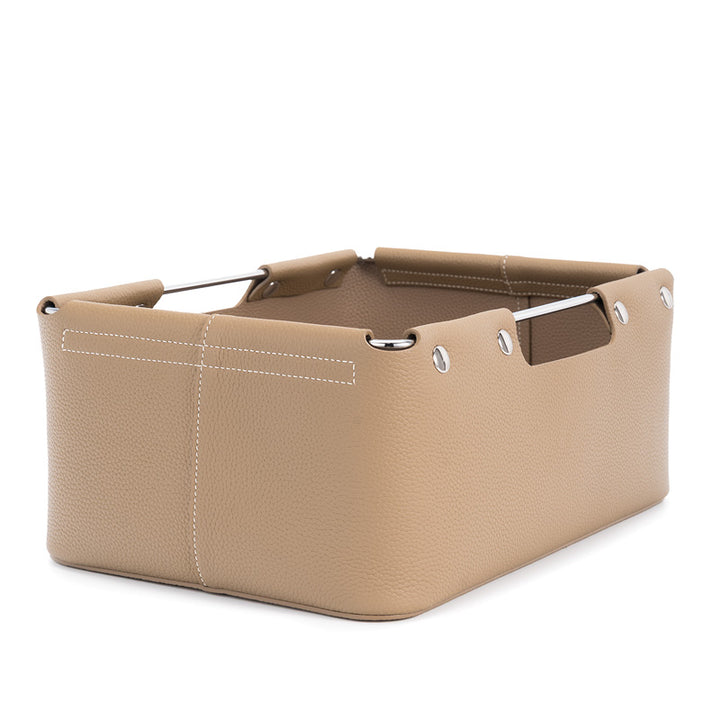 Top grain cowhide leather desk organizer box in camel with silver metal bar handles