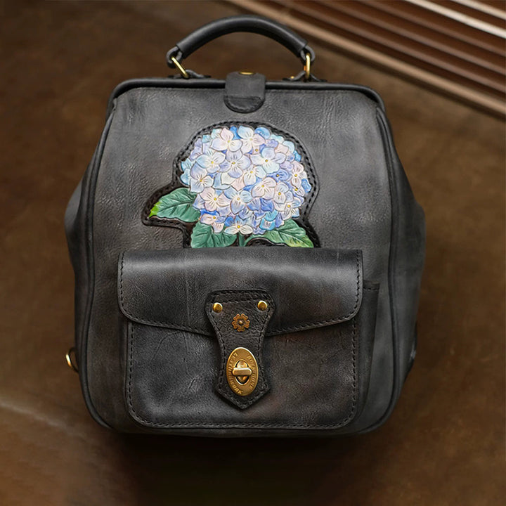 Gray leather doctor bag backpack with hand-painted hydrangea flowers on the front