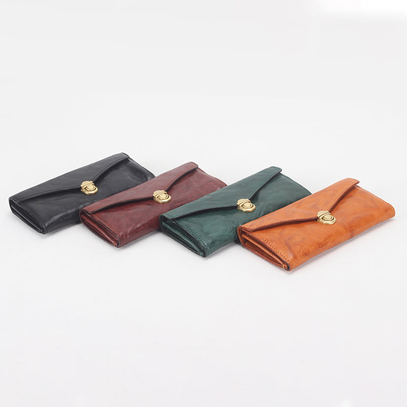 Vegetable tanned leather envelope wallet with brass turn-lock closure