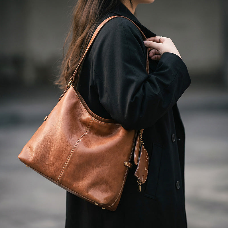 Vegetable tanned leather hobo bag with removable cat charm, slouchy shoulder bag in brown