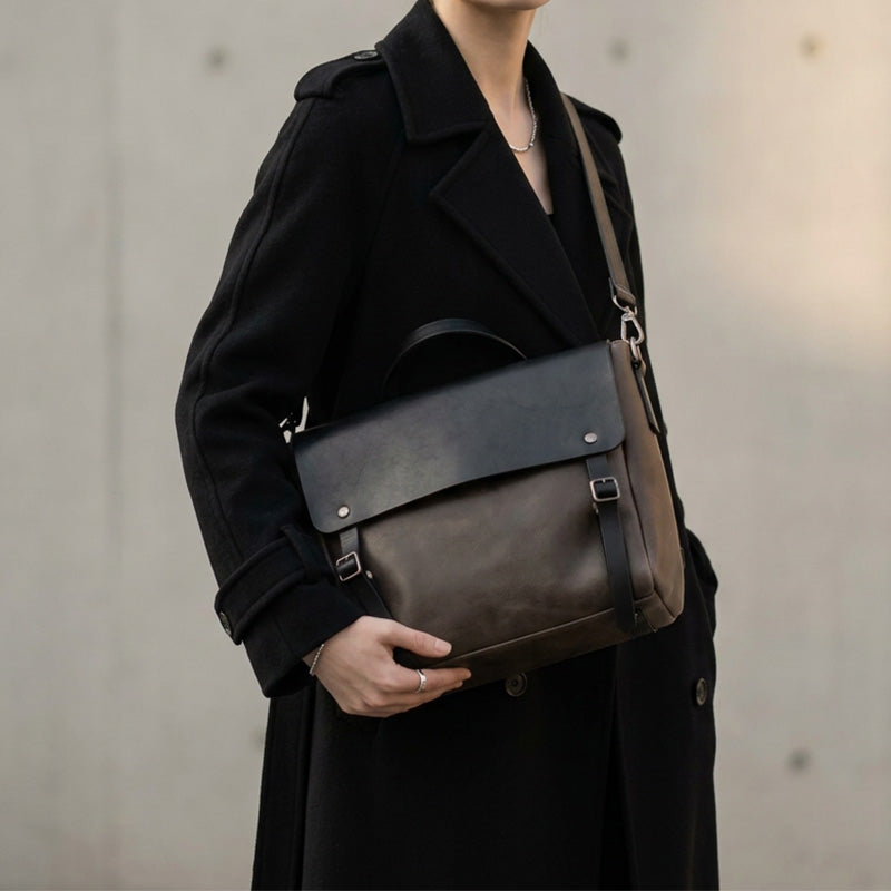 Vintage vegetable tanned leather messenger bag with flap closure and buckle straps, crossbody laptop bag in gray
