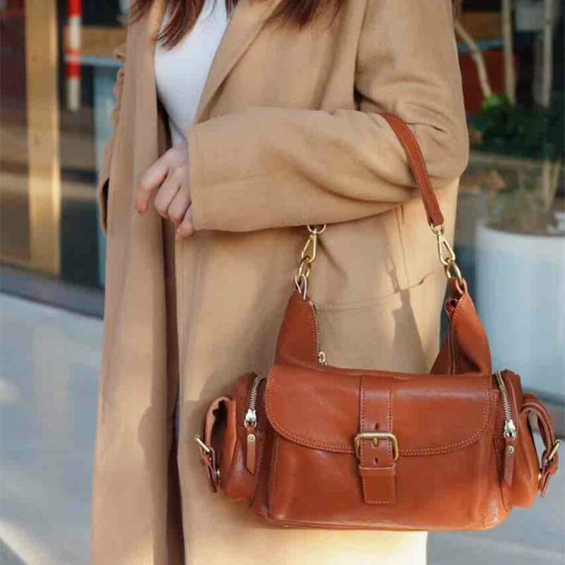 Handcrafted leather moto bag in Honey Brown — vegetable tanned biker crossbody shoulder bag for women