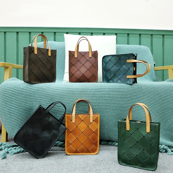Handmade cowhide patchwork mini tote bags in six colors with diamond stitch pattern