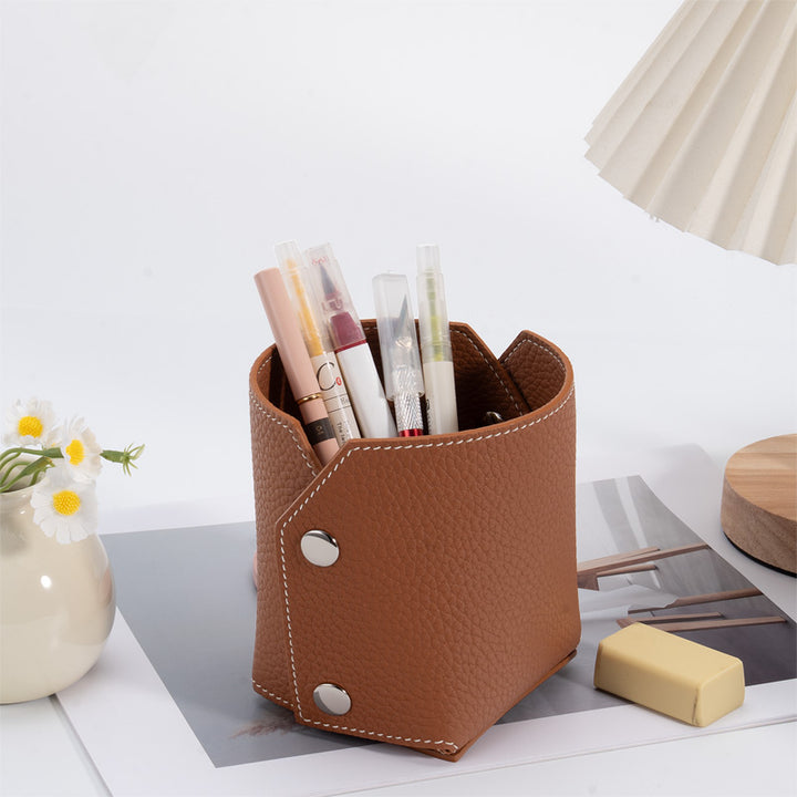 Foldable brown leather pen holder with silver snap buttons, top grain cowhide pencil cup for desk.