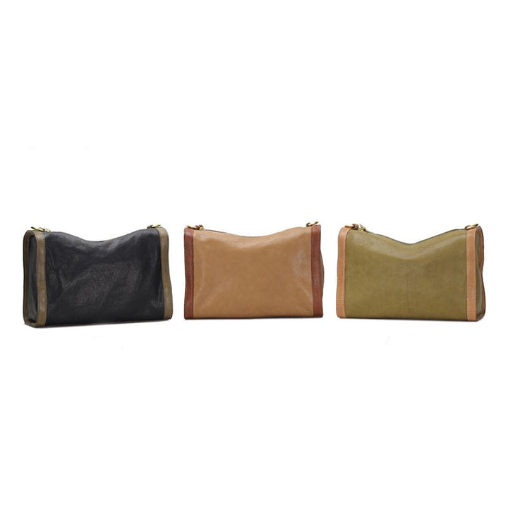 Vegetable tanned leather pillow bag in black, apricot, and avocado, two-tone trim
