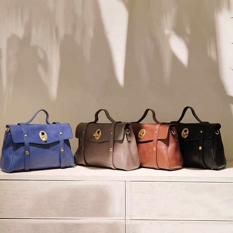 Vegetable tanned leather satchel bags with gold turn lock in 4 colors