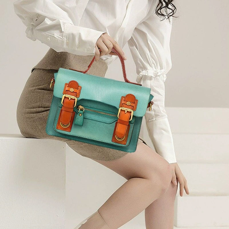 Handcrafted leather satchel bag in Light Blue — Cambridge style crossbody with contrast trim