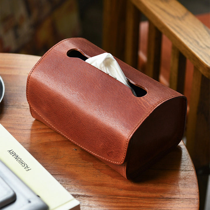 Barrel-style vegetable tanned leather tissue box cover in honey brown with magnetic closure