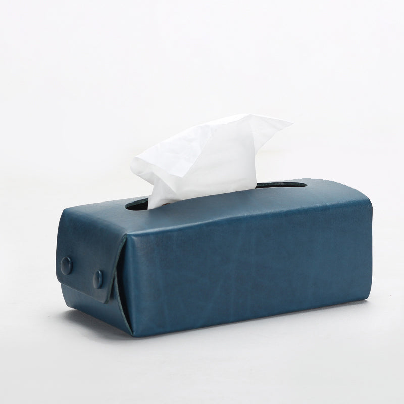 Blue vegetable tanned leather tissue box cover for desk or home use