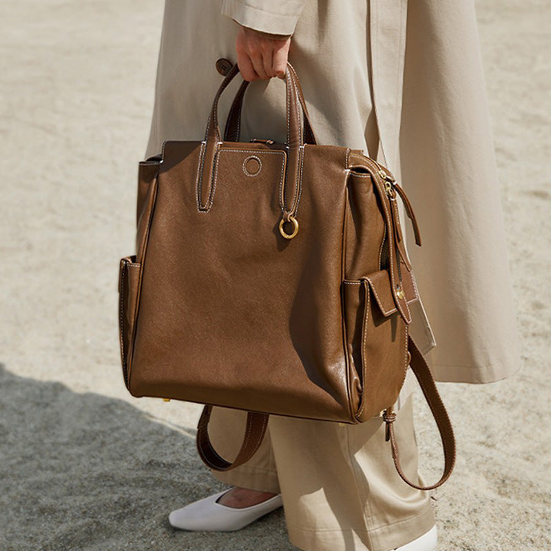 Full grain leather tote backpack in brown, perfect for work and travel
