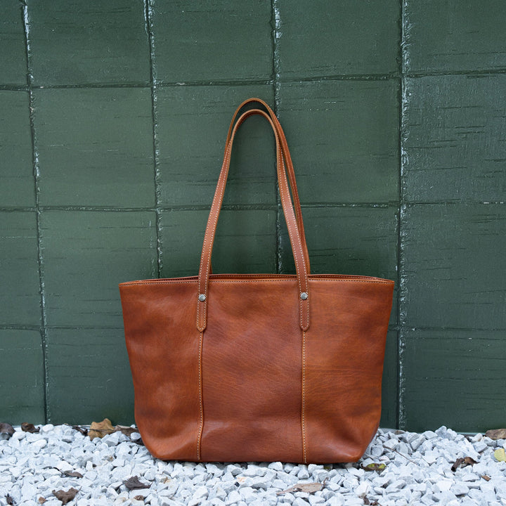 Large vintage leather tote bag for women in cognac brown with double shoulder straps